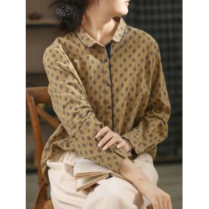 Small Leaf Printed Yellow Shirt Cotton Oversized Blouse