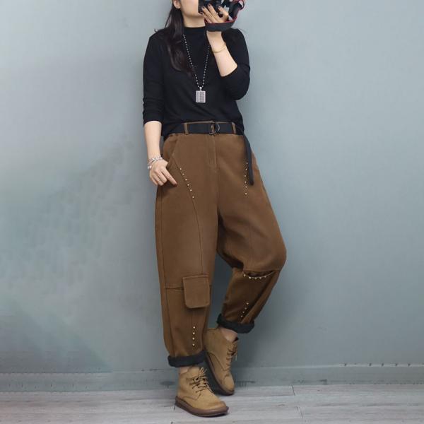 Fleeced Lining Cotton Tapered Pants Ladies Rivet Hipped Pants