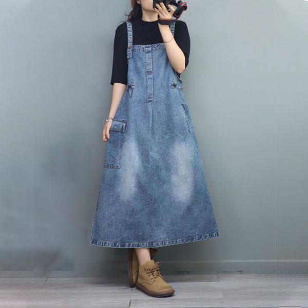 Stone Wash Denim Overall Dress Drawstring Waist A-Line Dress