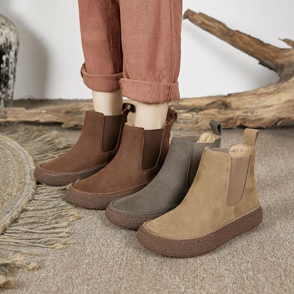 Cowhide Leather Flat Wedge Shoes Comfy Classic Chelsea Boots