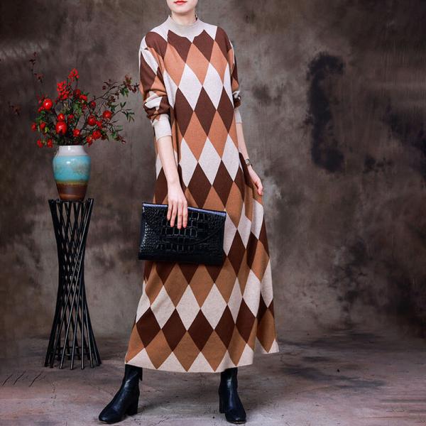 Rhombus Patterns Winter Sweater Dress Classic Midi Knit Dress
