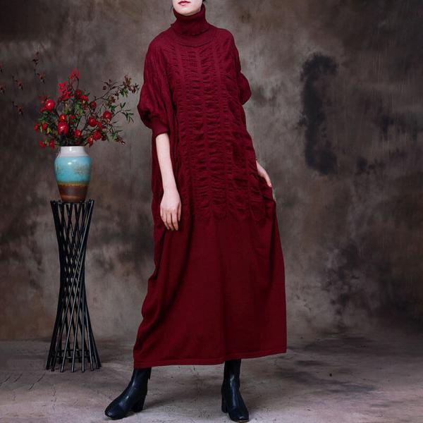 Solid Color Knit Pleated Dress Woolen Sweater Turtleneck Dress