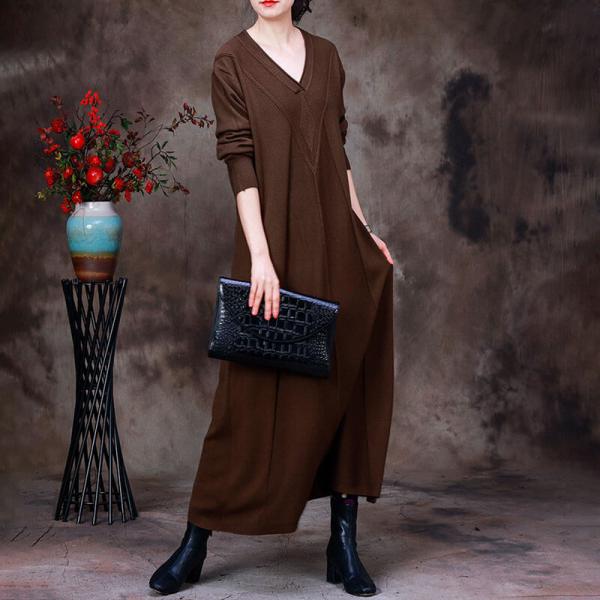 V-Neck Plain Sweater Dress Elegant Wool Dress with Scarf