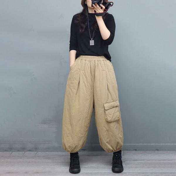 Flap Pockets Cotton Quilted Pants Winter Fluffy Trousers for Women