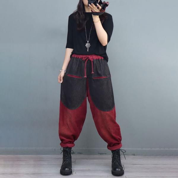 Color Contrast Corduroy Pants Hippie Denim Tapered Pants