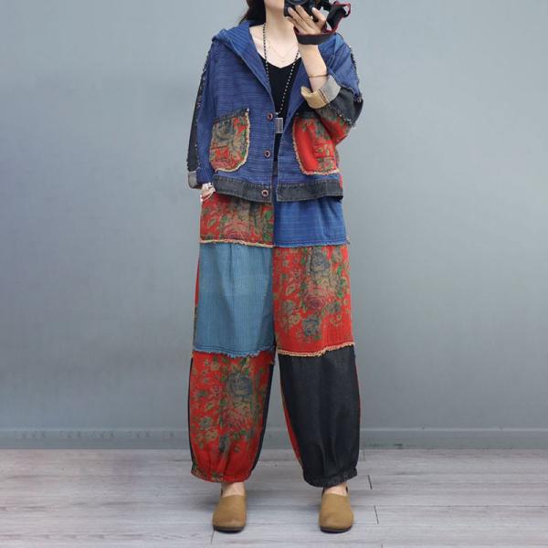 Chinese Fashion Hooded Jacket with Patchwork Printed Pants