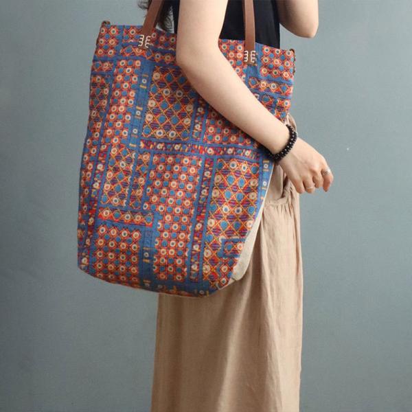 Leather Straps Cotton Linen Floral Tote Bag