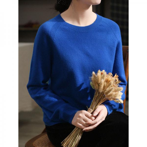 Basic Style Crew Neck Sheep Wool Sweater for Women