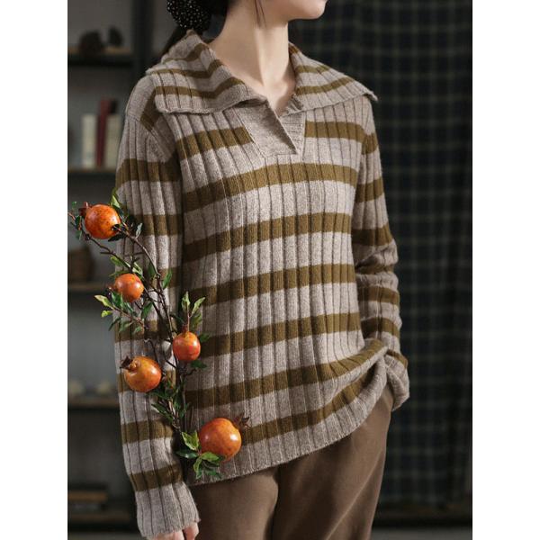 Wide Turndown Collar Striped Sweater Sheep Wool Winter Knitwear