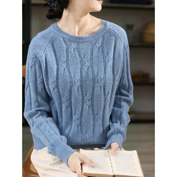 Crew Neck Comfy Twisted Sweater Sheep Wool Knit Sweater