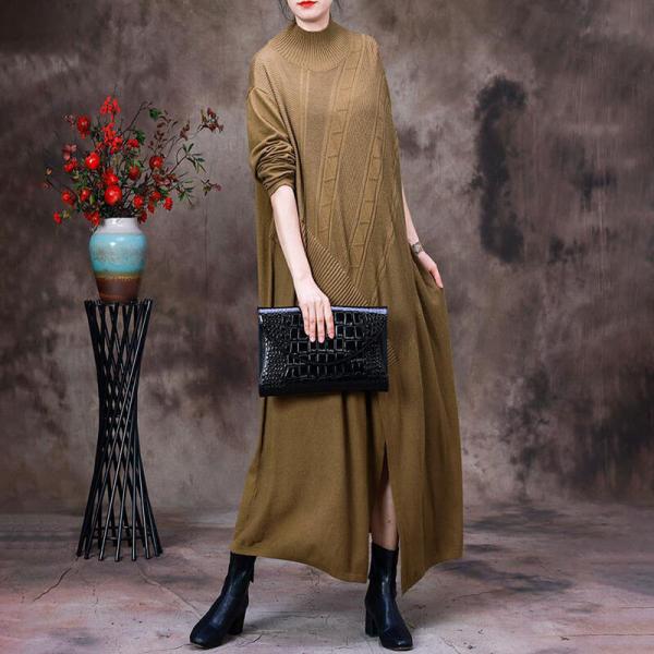 Front Slit Loose Jersey Dress High Collar Knit Sweater Dress