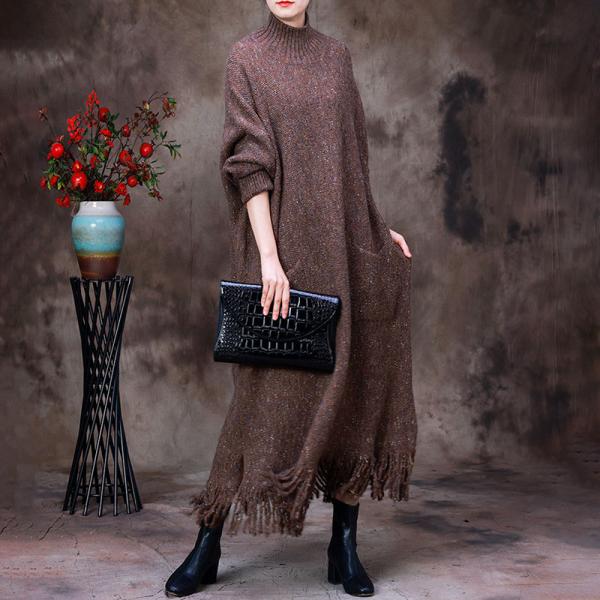 High Neck Chunky Knit Dress Midi Tassel Sweater Dress