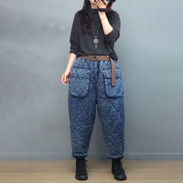 Straight Pockets Quilted Jeans Baggy Winter Carrot Pants