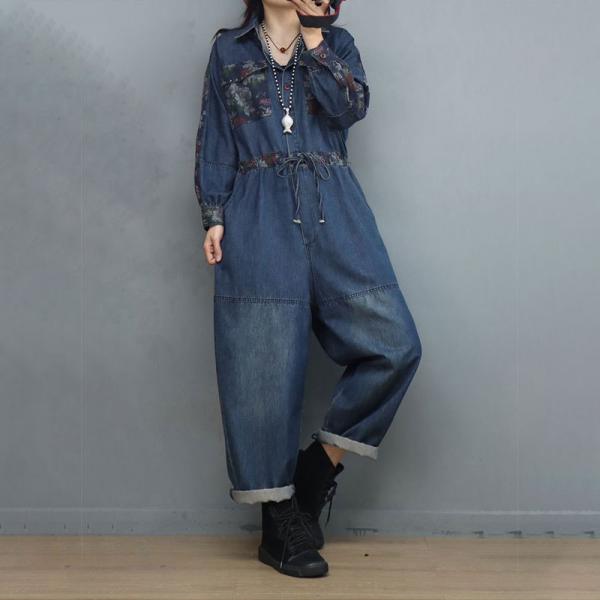 Printed Pockets Tied Jean Jumpsuits Stone Wash Camo Jumpsuits