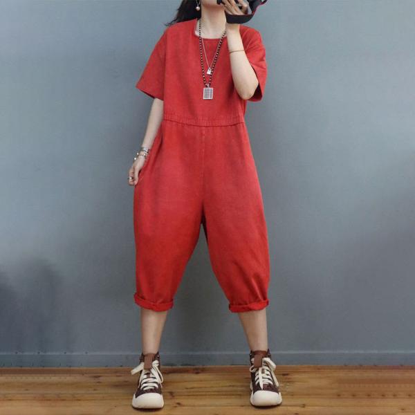 Cotton Short Sleeves Jumpsuits Solid Colors Casual Jumpsuits