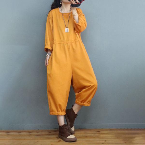 Pure Colors Cotton Jumpsuits Long Sleeves Cropped Jumpsuits