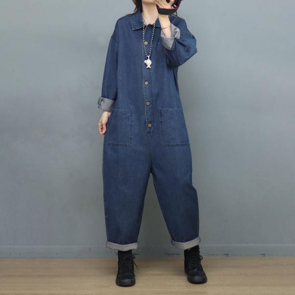 Button Fly Denim Working Jumpsuits Womens Baggy Coveralls