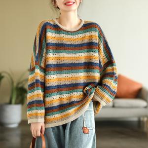 Hollow Out Colorful Striped Knit Wear Plus Size Cotton Sweater