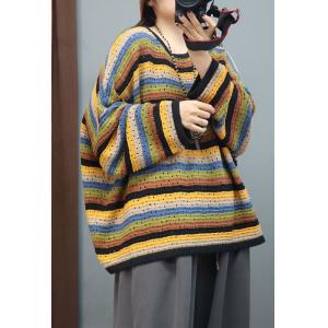 Hollow Out Colorful Striped Knit Wear Plus Size Cotton Sweater