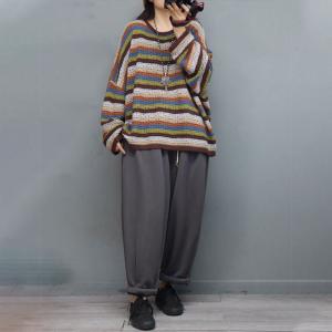 Hollow Out Colorful Striped Knit Wear Plus Size Cotton Sweater