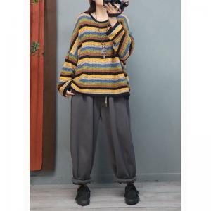 Hollow Out Colorful Striped Knit Wear Plus Size Cotton Sweater