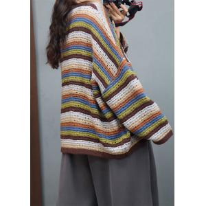 Hollow Out Colorful Striped Knit Wear Plus Size Cotton Sweater