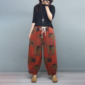 Folk Printed Quilted Winter Pants Cotton Linen Fluffy Pants