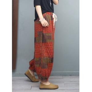Folk Printed Quilted Winter Pants Cotton Linen Fluffy Pants