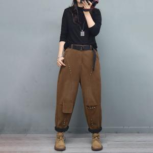 Fleeced Lining Cotton Tapered Pants Ladies Rivet Hipped Pants