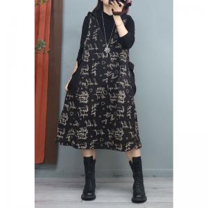 Fashion Letters Black Hooded Dress Midi Fleeced Sundress
