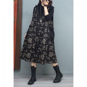 Fashion Letters Black Hooded Dress Midi Fleeced Sundress