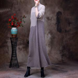 Gray Contrast Loose Shift Dress High Collar Woolen Jersey Dress