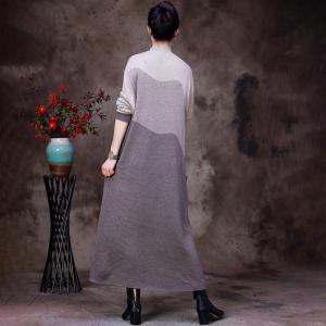 Gray Contrast Loose Shift Dress High Collar Woolen Jersey Dress