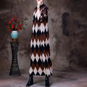 Rhombus Patterns Winter Sweater Dress Classic Midi Knit Dress