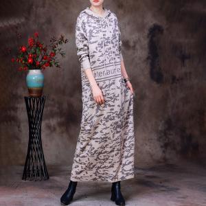 Letter and Graffiti Knitted Hooded Dress Long Sleeves Wool Dress