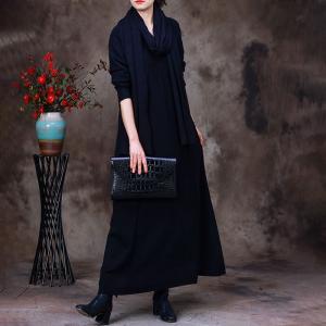 V-Neck Plain Sweater Dress Elegant Wool Dress with Scarf