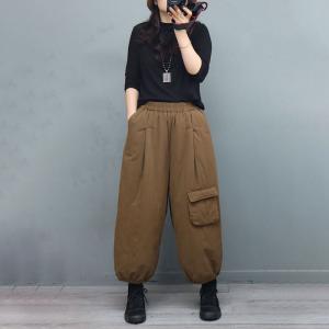 Flap Pockets Cotton Quilted Pants Winter Fluffy Trousers for Women