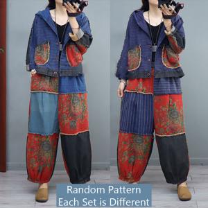 Chinese Fashion Hooded Jacket with Patchwork Printed Pants