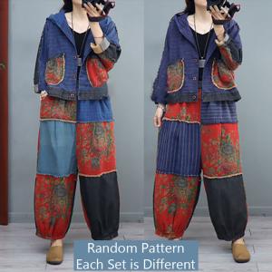 Chinese Fashion Hooded Jacket with Patchwork Printed Pants