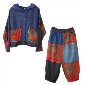 Chinese Fashion Hooded Jacket with Patchwork Printed Pants