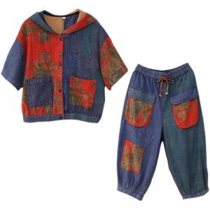 Red Flowers Hooded Jacket with Cotton Linen Pant Sets