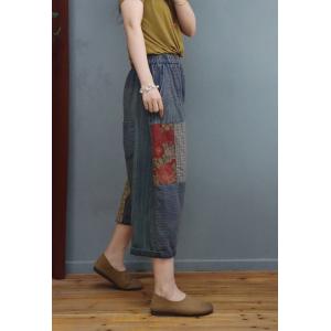 Red Floral Patchwork Harem Pants Cotton Linen Plaid Pants