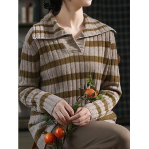 Wide Turndown Collar Striped Sweater Sheep Wool Winter Knitwear