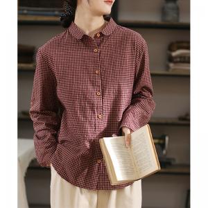 Long Sleeves Cotton Linen Blouse Small Plaids Ladies Shirt