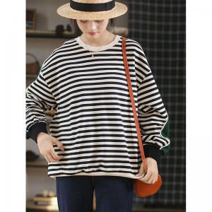 Ulzzang Style Hoodless Sweatshirt Cotton Striped Green Pullover