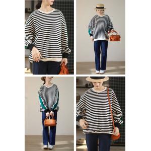 Ulzzang Style Hoodless Sweatshirt Cotton Striped Green Pullover