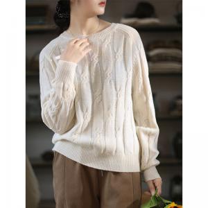 Crew Neck Comfy Twisted Sweater Sheep Wool Knit Sweater
