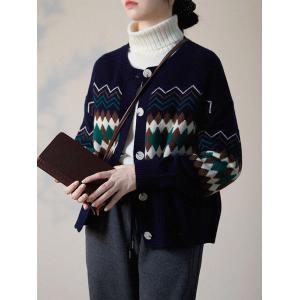 Senior Women Fair Isle Cardigan Sheep Wool Knit Outerwear