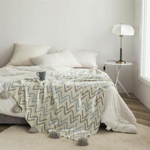 Pom Pom Tassel Office Throw V-Striped Cotton Blanket