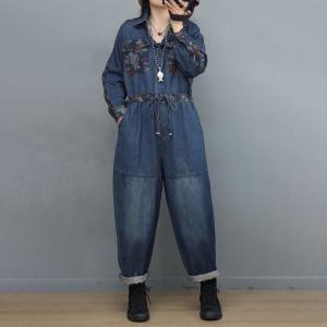 Printed Pockets Tied Jean Jumpsuits Stone Wash Camo Jumpsuits